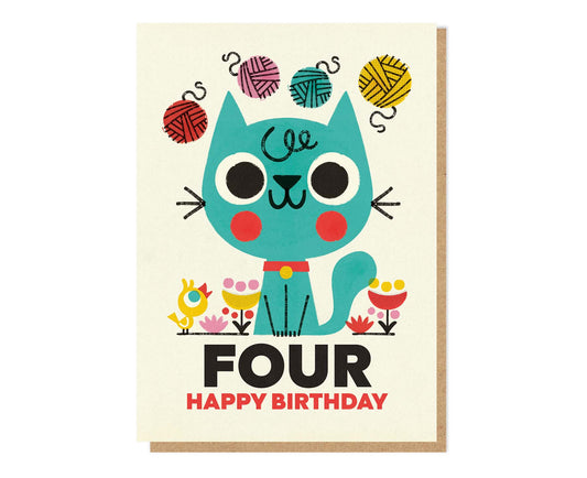 Four Kitty Cat Spot Gloss 4th Birthday Card