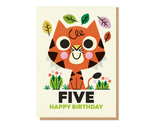 Five Tiger Spot Gloss 5th Birthday Card