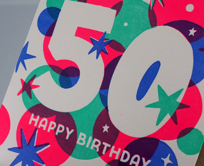 50 Stars Letterpress 50th Birthday Card