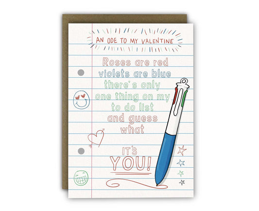 4 Colour Pen Ode To My Valentine Card