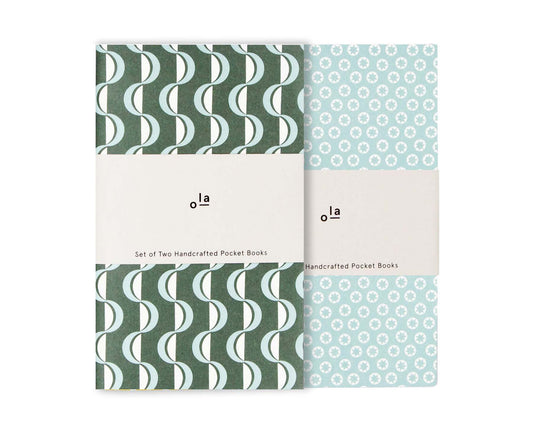 Set of 2 Pocket Books Green Wave & Tiny Stars Print - plain pages