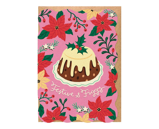 Festive & Figgy Pudding & Poinsettia Christmas Card