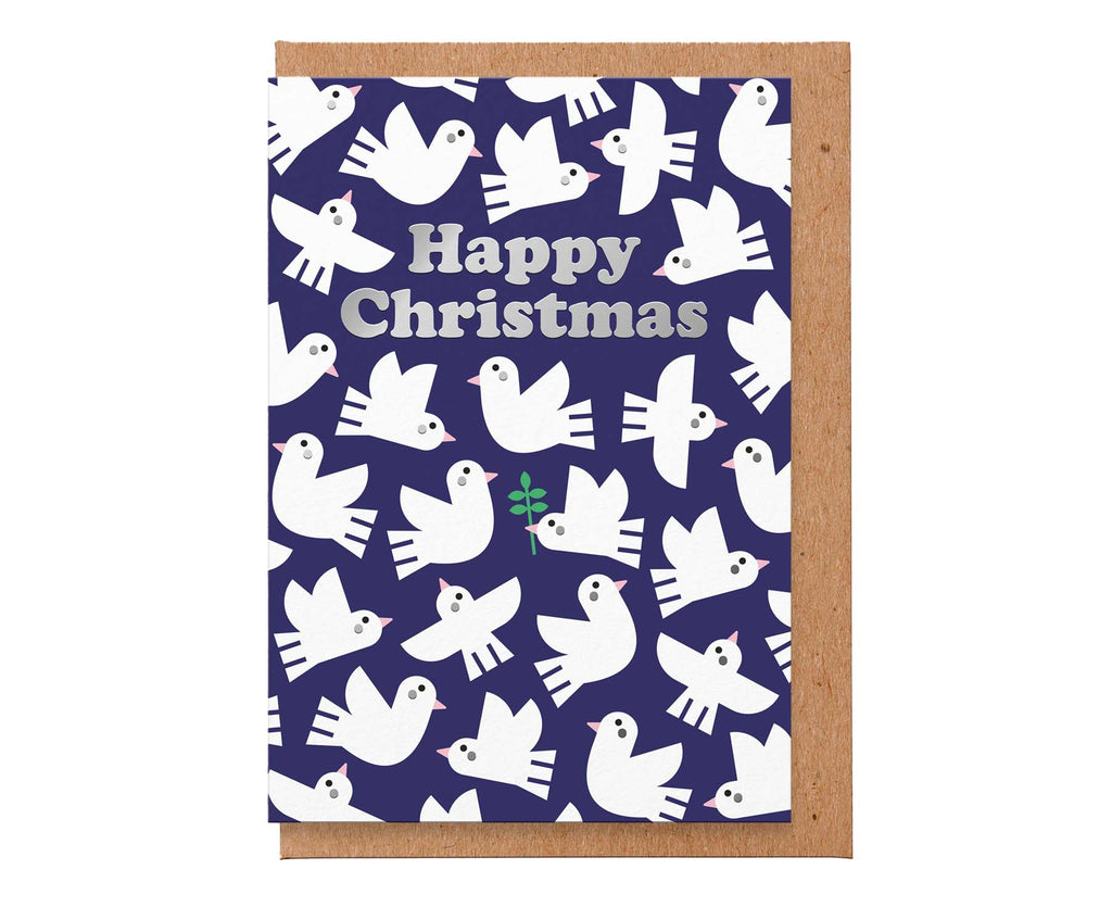 Happy Christmas Doves Silver Foiled Christmas Card