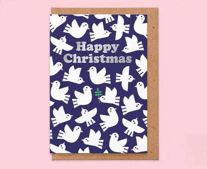 Happy Christmas Doves Silver Foiled Christmas Card