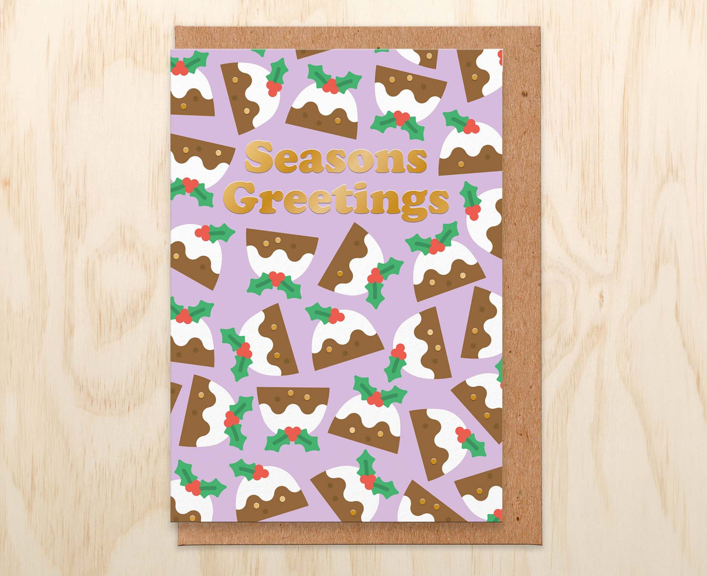 Christmas Pudding Seasons Greetings Gold Foiled Christmas Card