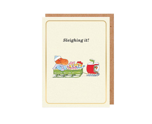 Sleighing It!  Richard Scarry Gold Foiled Mini Christmas Card