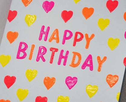Embossed Hearts Neon Birthday Card