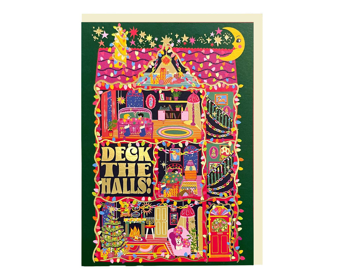 Deck the Halls House Gold Foiled Christmas Card