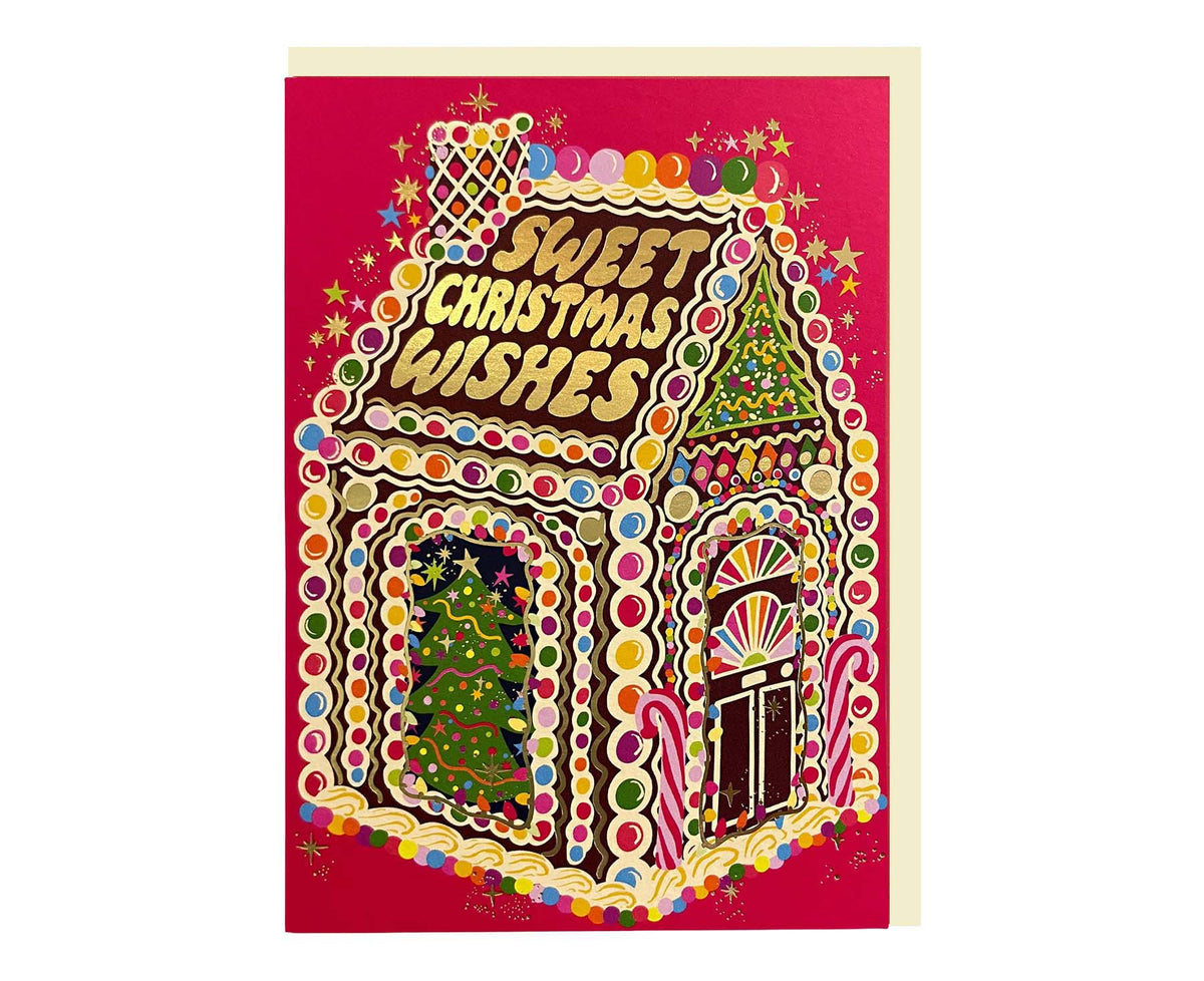 Sweet Christmas Wishes Gingerbread House Gold Foiled Christmas Card