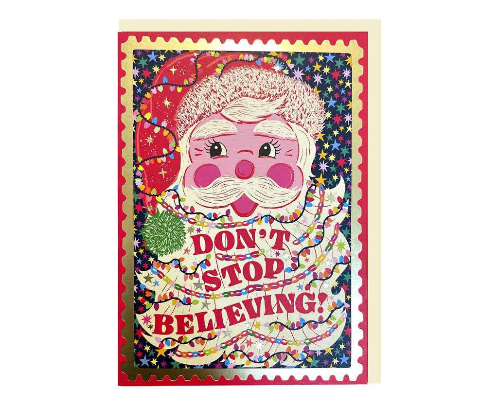 Don't Stop Believing Santa Gold Foiled Christmas Card