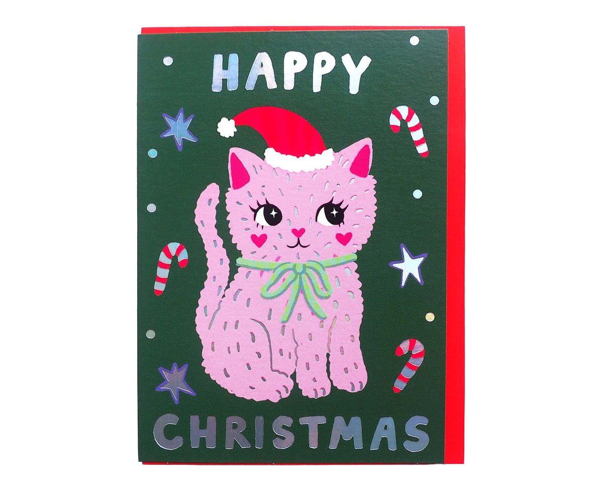 Festive Pink Kitty Cat Christmas Card