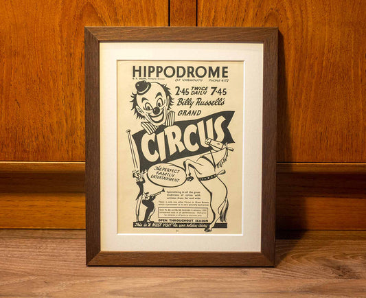 1970s Framed Vintage Circus Ad - Clowns and Horse