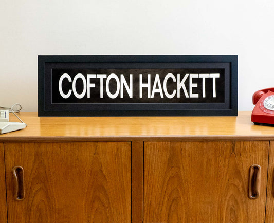 Cofton Hackett 1990s framed original bus blind