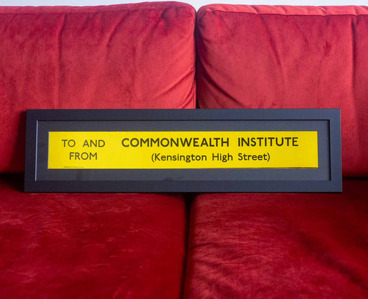 Commonwealth Institute (Kensington High Street) Framed Yellow Mini London Bus Blind