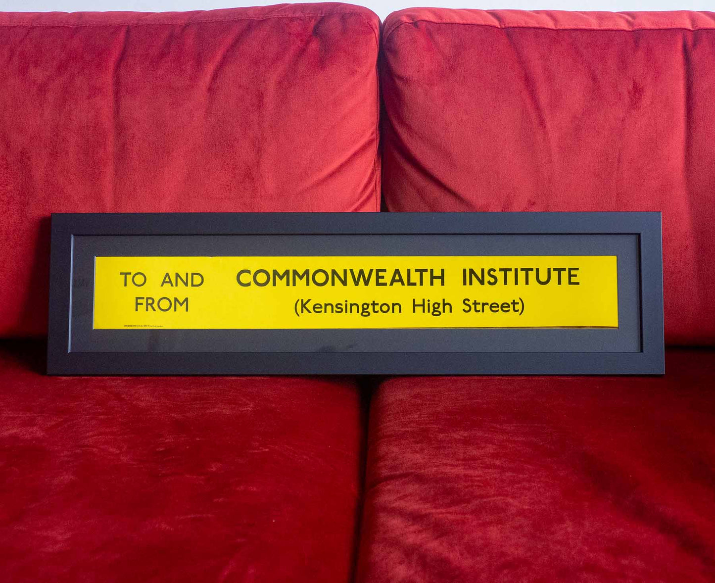 Commonwealth Institute (Kensington High Street) Framed Yellow Mini London Bus Blind