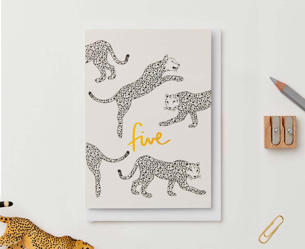 Gold Foiled Leopard Fifth Birthday Card