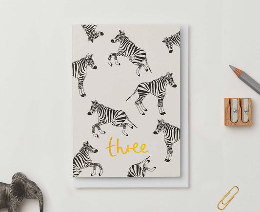 Gold Foiled Zebra Third Birthday Card