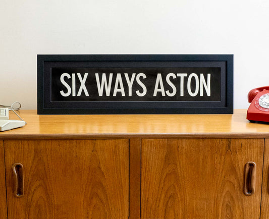 Six Ways Aston 1980s framed original bus blind