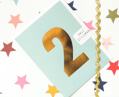 Number 2 Tiddly Gold Number Card Soft Blue