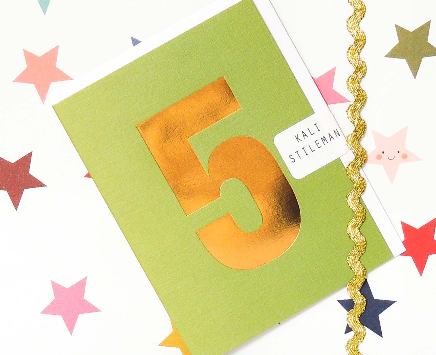 Number 5 Tiddly Gold Number Card Grass Green